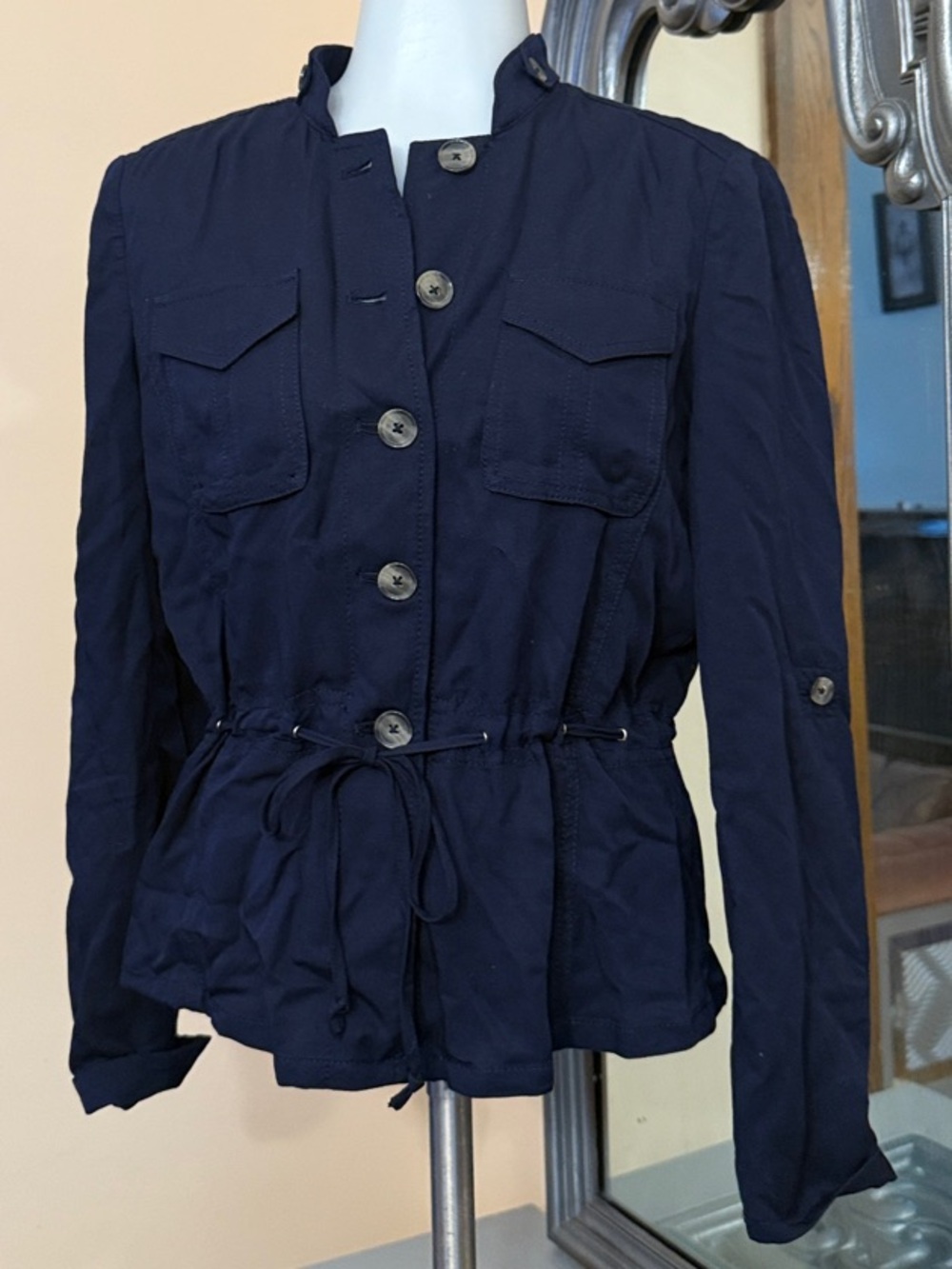 White House Black Market 00 Navy Cinch-Waist Utility Very Lightweight Jacket